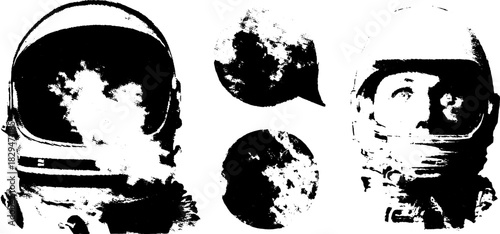 Astronaut figure in black and white silhouette style. Abstract vector illustration with drawn features representing space exploration.