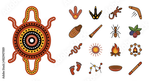 Flat lay of various Aboriginal Australian symbols and icons including animals, plants, and natural elements against a clean white background.