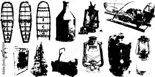Vintage sled, lantern, and bottle in a black and white illustration set for decorative vector use.