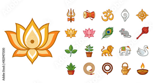 Collection of colorful Hindu religious symbols and icons, including a lotus, trident, om, and various animals.