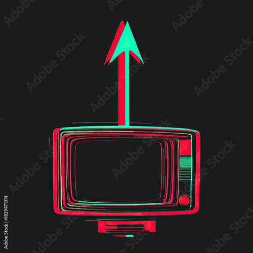 Glitched retro television with upward arrow symbol distorted 3D anaglyph effect minimalist black background vector illustration