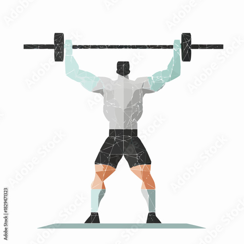 Minimalist geometric vector illustration of muscular weightlifter performing overhead barbell press in gym fitness training silhouette design