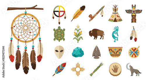 A collection of various Native American cultural symbols and traditional objects.