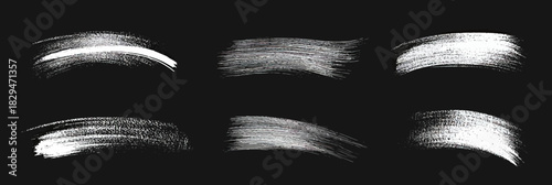 Set of six white chalk brush stroke textures on black background rough crayon style hand drawn underline accents for design and highlight elements vector illustration