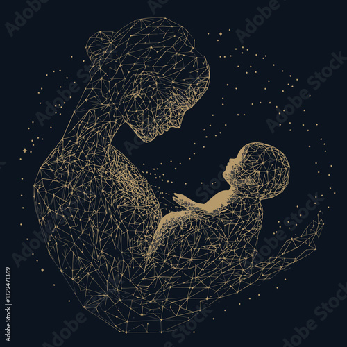 Digital low poly wireframe illustration of mother holding baby surrounded by glowing star shapes on dark background for maternal love and bonding concept