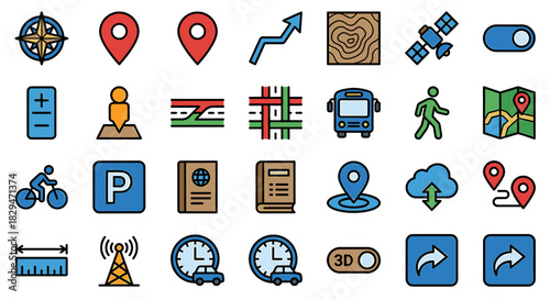 Collection of colorful, stylized icons representing navigation, travel, and location concepts.