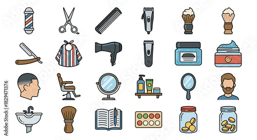 A collection of barber shop tools and grooming items, displayed as icons.