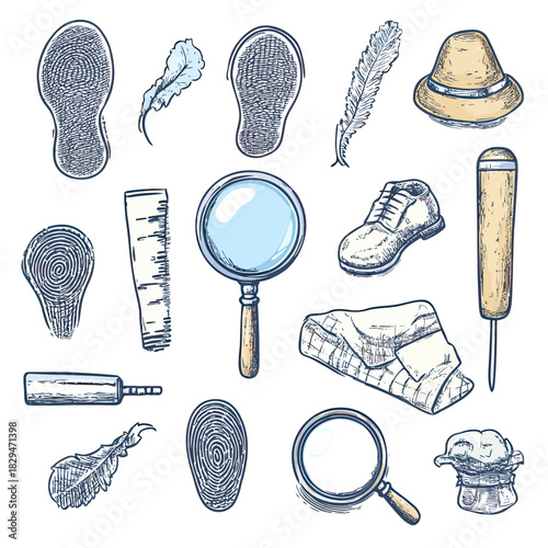 Detective investigation tools set with hand drawn magnifying glasses, shoe prints, fingerprints, feathers, ruler, screwdriver, hat, shirt, and mask sketches in vector line art style
