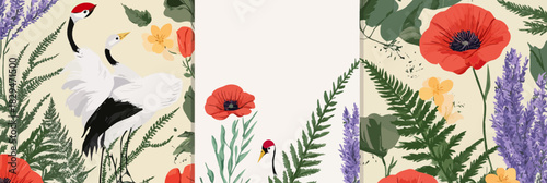Elegant crane birds surrounded by red poppy flowers, purple lavender, green fern leaves and wildflowers in flat minimalist vector style for floral background or wedding design