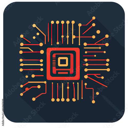 Flat minimalist vector icon of red and gold microchip with circuit lines on dark background long shadow technology concept digital processor hardware illustration