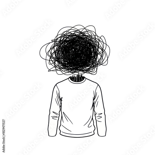 Person with tangled scribbles representing mental health struggles and chaos.