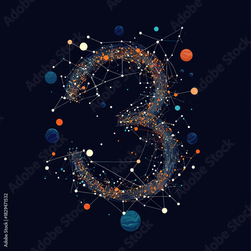 Digital number three composed of interconnected starry space network with planets and cosmic elements in abstract wireframe style on dark background
