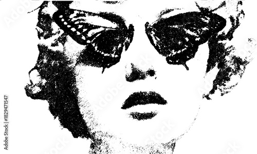 Stylized woman portrait with butterfly glasses in a monochrome vector illustration. Artistic image emphasizing expression and modern aesthetics.