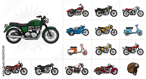 Collection of colorful vintage motorcycles and scooters in various styles, including a green classic bike with sunburst background.