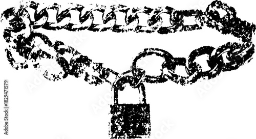 Vintage chain and lock vector illustration. Hand-drawn outline style with a black stipple effect. This engraving features a retro look with intricate details.