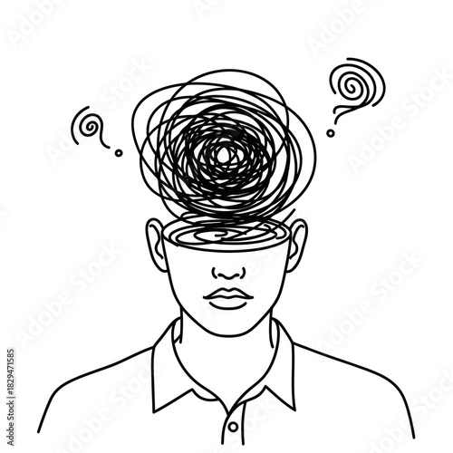 Person with open head and swirling thoughts representing mental confusion and stress.