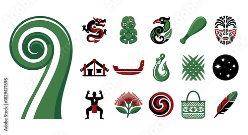 Collection of stylized Maori cultural symbols and icons including a koru, dragon, tiki, bird, weapon, mask, house, canoe, hook, pattern, stars, and feather.
