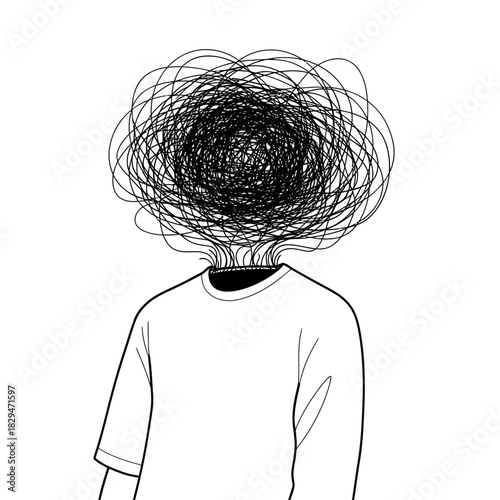 Conceptual illustration of a person with a tangled scribble for a head.