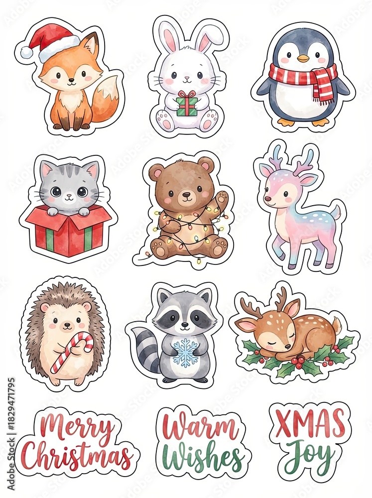 Fototapeta premium Cute Cartoon Animals and Holiday Stickers for Christmas Cheer