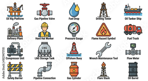 A collection of icons representing oil and gas industry elements, including platforms, workers, valves, and equipment.