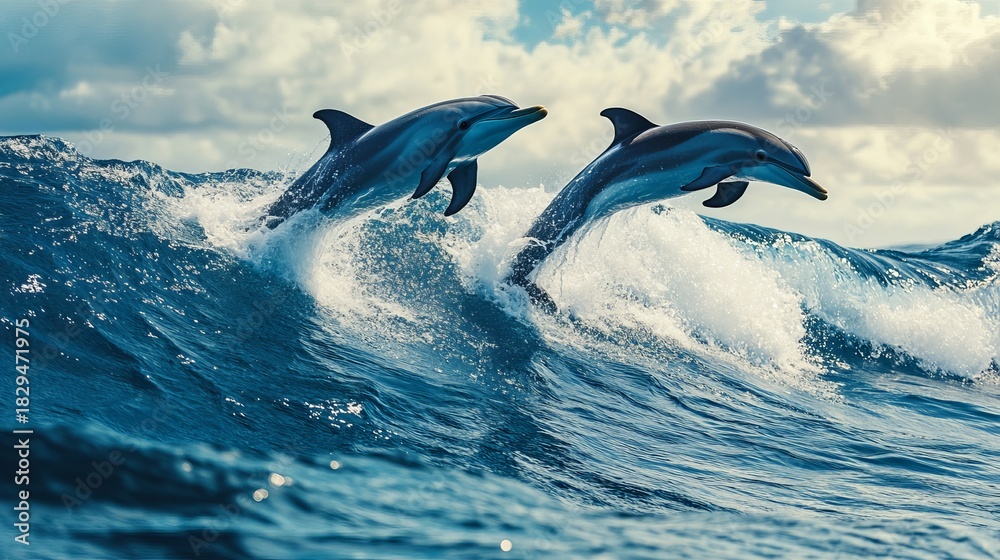 Fototapeta premium Playful dolphins leaping over ocean waves in hawaii, pacific ocean marine wildlife scene