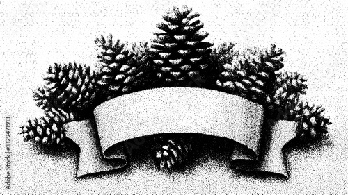 Pinecone banner with foliage in a vintage black and white vector illustration. Simple and decorative set featuring natural elements.