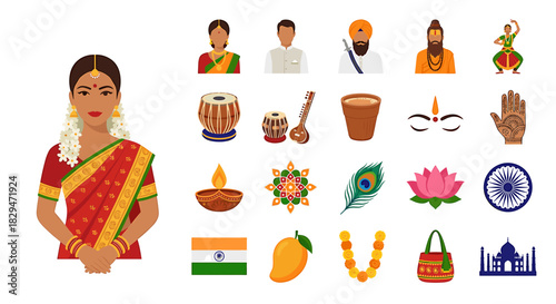 Collection of colorful illustrations depicting Indian culture, traditions, and people.