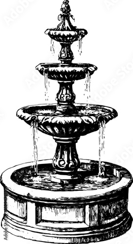 Classic fountain design in intricate detail. An elegant vector illustration of a layered outdoor water feature set.