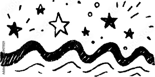 Star and wave patterns in black and white. Simple graphic illustration with mystical elements, designed as a vector illustration.