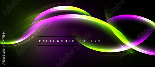 Abstract flowing shapes, vibrant colors, dark background. Modern design element, dynamic curves, smooth gradients present.