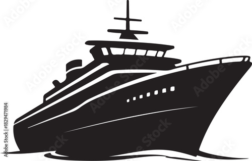 Black silhouette of a large cruise ship on white background boat ocean liner