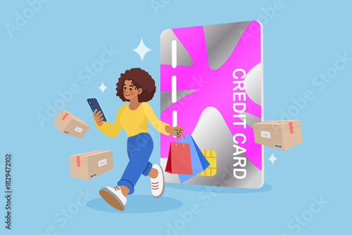 Happy black woman holding smartphone and shopping bags walking near giant credit card. Online mobile payment concept with floating delivery boxes. Digital banking transaction illustration.