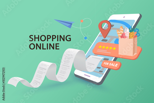 Smartphone displaying online shopping app with long paper receipt. Grocery bag with food and map location pin on screen. Mobile supermarket delivery concept with five star rating.