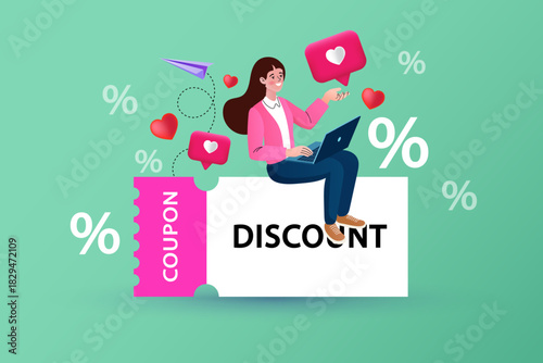 Woman sitting on giant discount coupon using laptop for online shopping. Marketing concept with floating percentage signs and heart icons. Digital sale promotion with social media elements.