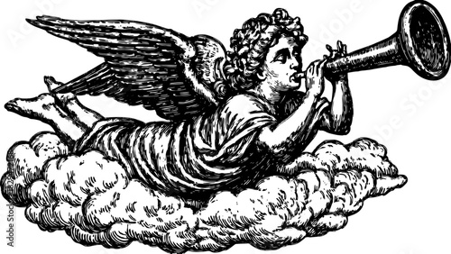 Vintage illustration of an angel with a trumpet on clouds. Classic black and white vector artwork depicting a musical theme.