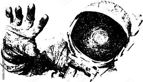 Astronaut hand reaching out in vintage monochrome style. Retro graphic vector illustration, isolated in black and white.