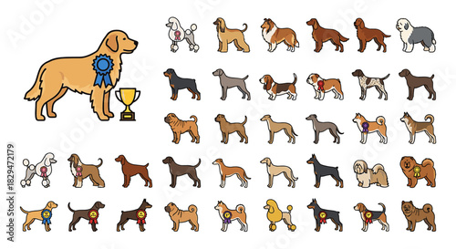 Collection of dog breeds depicted in pixel art style, including a golden retriever with a prize ribbon and trophy.