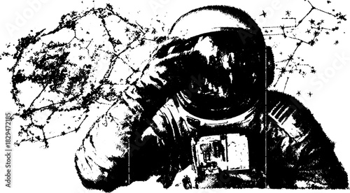 Astronaut in vintage monochrome style. Space vector illustration with detailed constellation map in a set format.