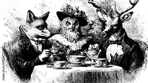 Anthropomorphic animals having tea at a table in victorian costumes. Black and white vintage vector illustration set.