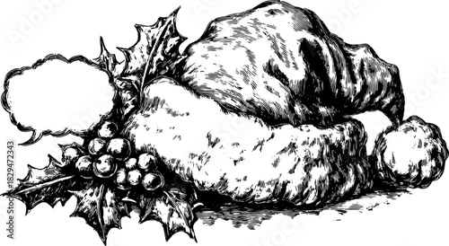 Santa hat with holly decorations. Vintage vector illustration suitable for greeting cards or festive banners.