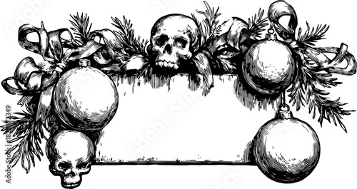 Skull ornament banner design, featuring festive decorations with an empty frame for text. Vintage black and white vector illustration.
