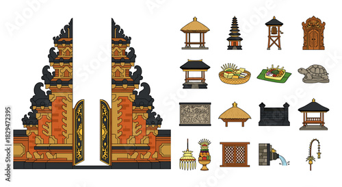 Detailed illustration showcasing various traditional Balinese architectural elements and structures.