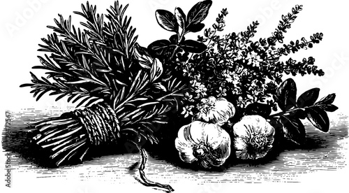 Vintage black line drawing of herbs including rosemary, basil, and thyme. This vector illustration showcases a set of botanical elements.