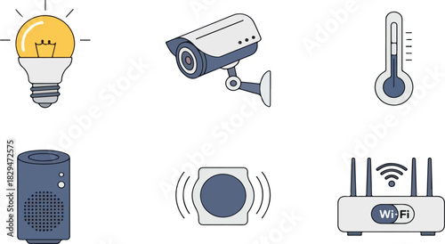 Illustration depicting smart home technology: light bulb, security camera, thermometer, speaker, sensor, and router icons.