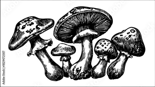 Mushrooms in black and white outline style. Vintage vector illustration of fungi set for botanical or scientific purposes.