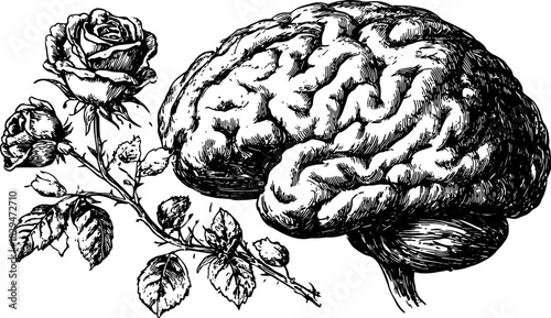 Vintage line drawing of a brain and a rose. Black and white outline illustrations form an intricate set of conceptual vector illustrations.