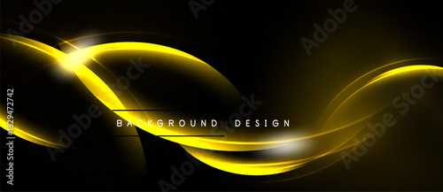 Bright yellow curves flow across black background. Modern design element, dynamic lines create abstract visual impact. Simple, elegant.