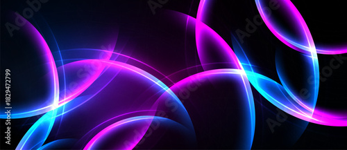 Abstract design features vibrant curves, glowing lines. Dark background emphasizes bright pinks, blues. Modern, dynamic composition.