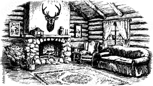 Cozy cabin interior featuring a stone fireplace. Vintage vector illustration with hand-drawn elements showcasing the furniture set and decor in a rustic setting.