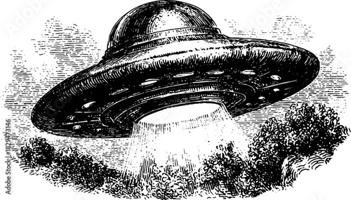 Engraving of an alien spaceship above a landscape. Vintage vector illustration featuring detailed outlines and retro themes.